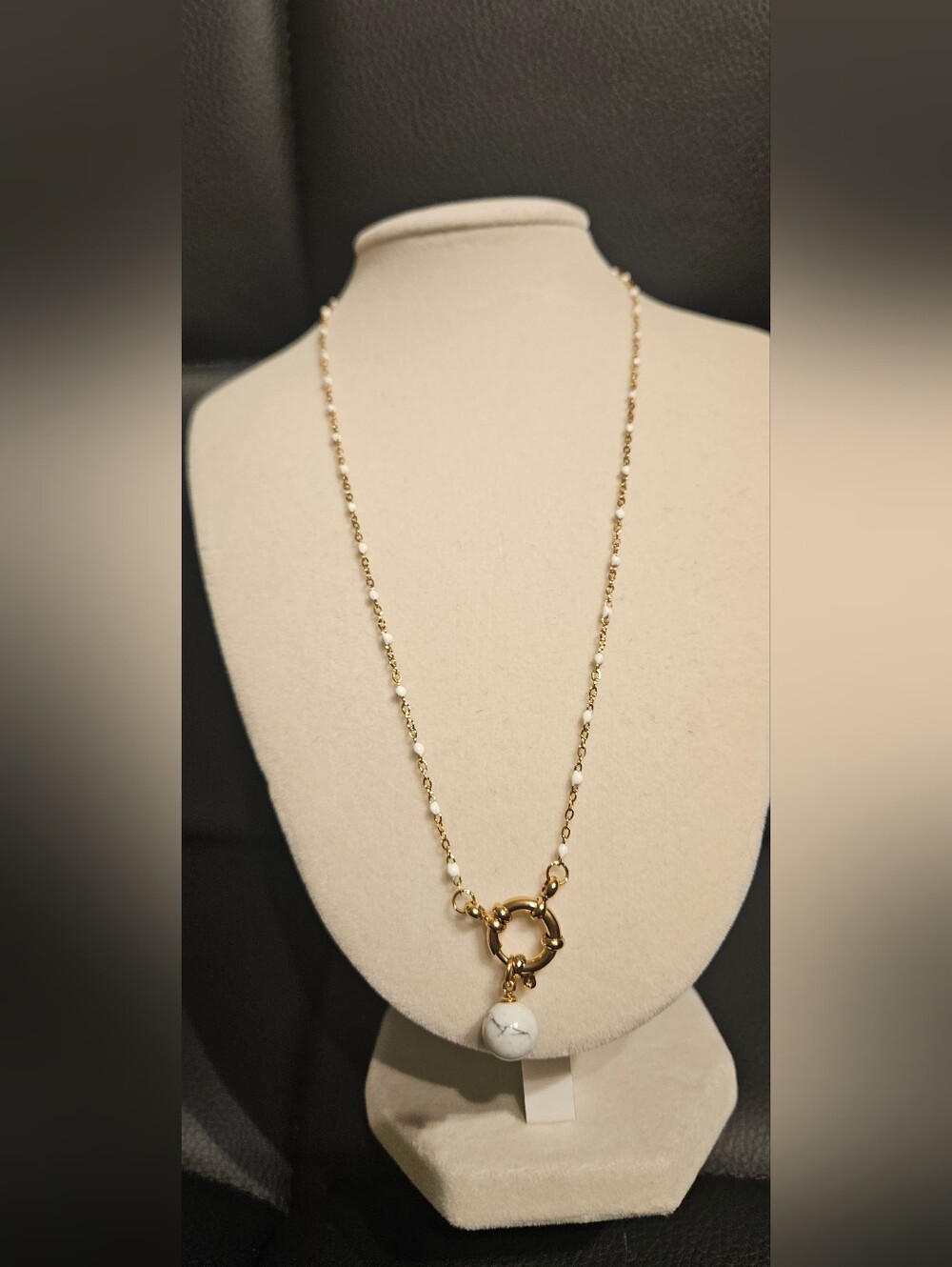 14K Plated Gold Chain Necklace with Marble Stone Pendant - Women Jewelry